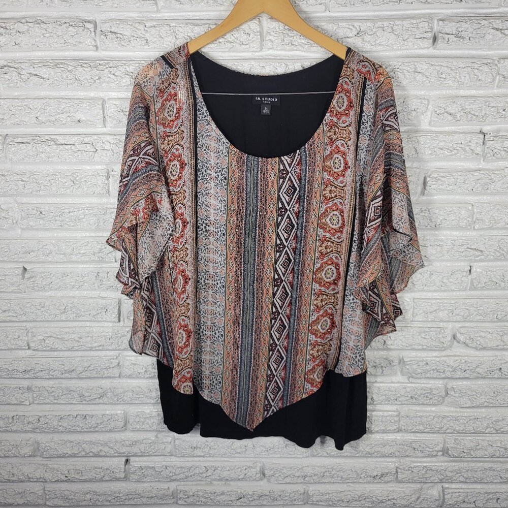 I.N. Studio 3X Women's Tunic Geometric Kimono Sleeve Multicolor Pullover GEO275E